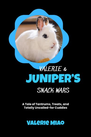 Adult humor example: "Valerie & Juniper's Snack Wars" cover, Juniper the white rabbit in a blue flower frame on black