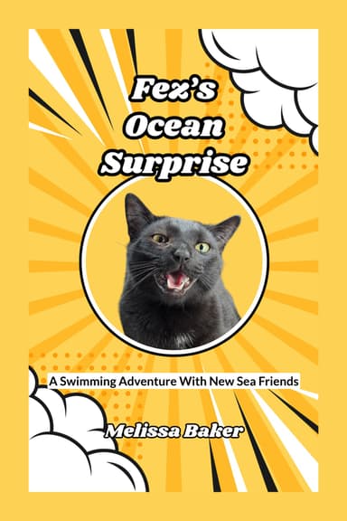 Children's book example: "Fez's Ocean Surprise" cover, Fez the black cat inside a circle on a yellow comic sunburst